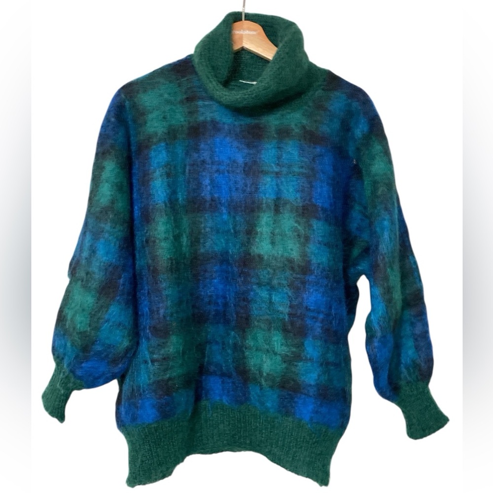 Vintage Mohair by Tan O’Shanter Plaid Dolman Sleeve Sweater in Black Watch